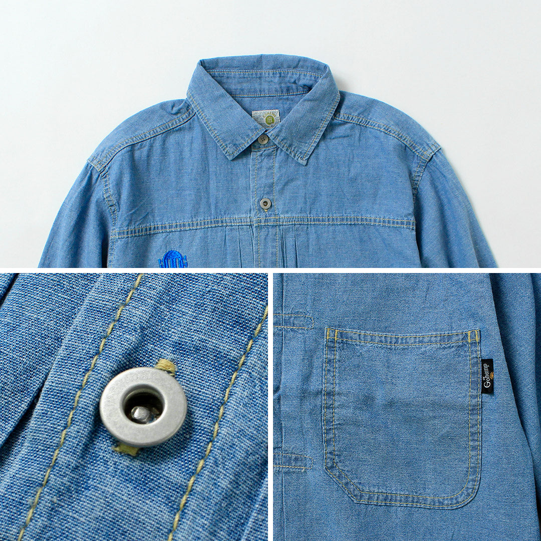 GOHEMP / Chemise de travail plissée brodée Chambray en coton chanvre