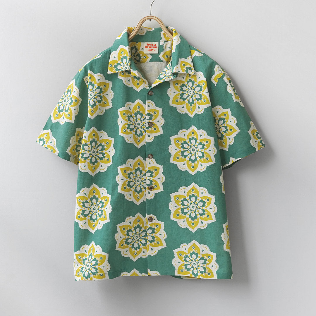 HAVE A GRATEFUL DAY / Open Collar S/S Shirt Round Design Print