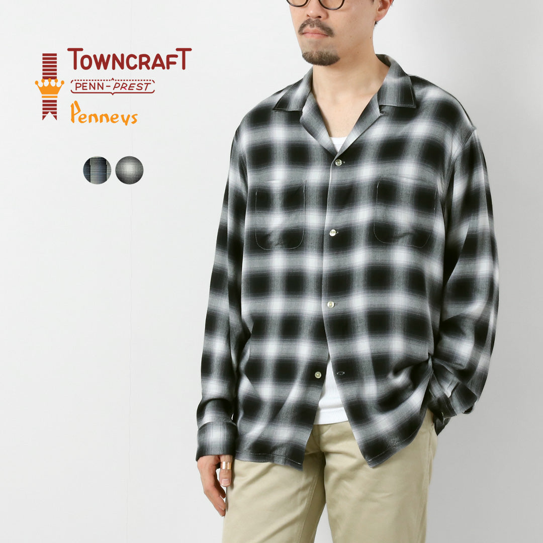 TOWNCRAFT / Chemise à col boucle à manches longues en rayonne ombrée des années 60
