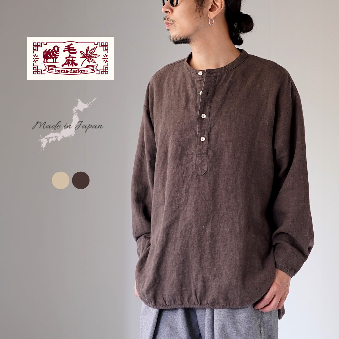 KEMA DESIGNS / Brushed Linen Henley Neck L/S Woven T-Shirt