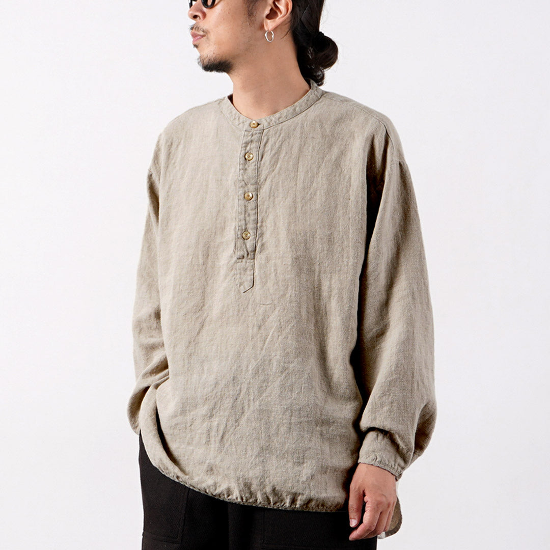 KEMA DESIGNS / Brushed Linen Henley Neck L/S Woven T-Shirt