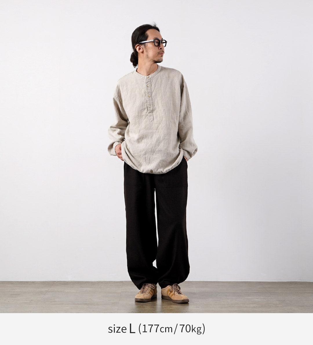KEMA DESIGNS / Brushed Linen Henley Neck L/S Woven T-Shirt