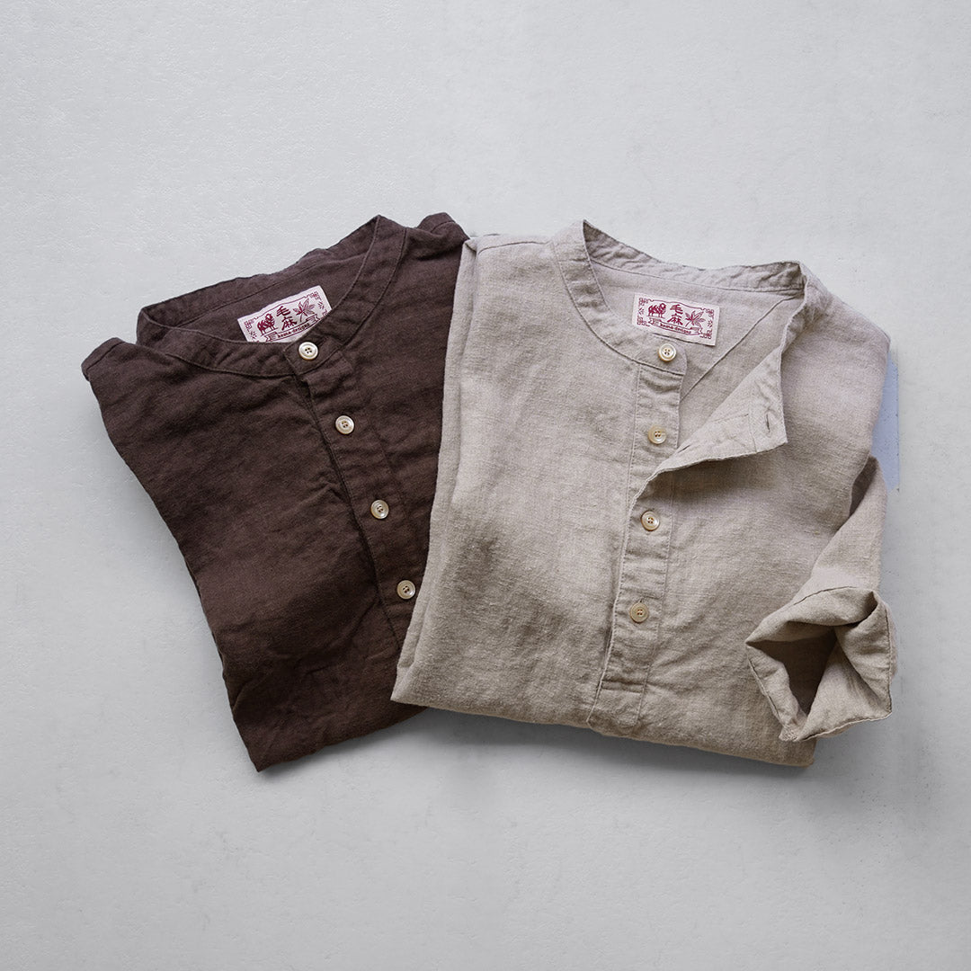 KEMA DESIGNS / Brushed Linen Henley Neck L/S Woven T-Shirt