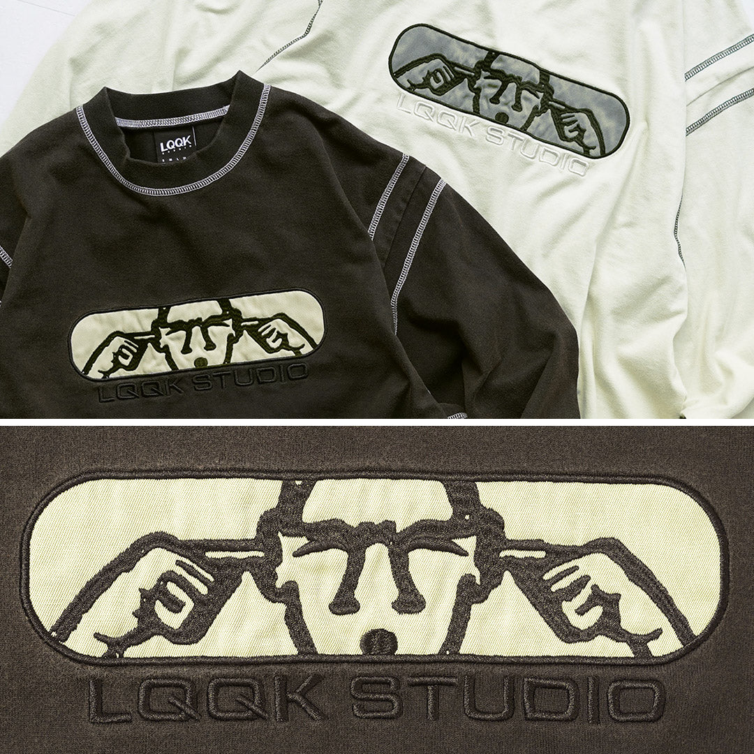 LQQK STUDIO / Graphic Stitch Crew Neck Long Sleeve T-Shirt